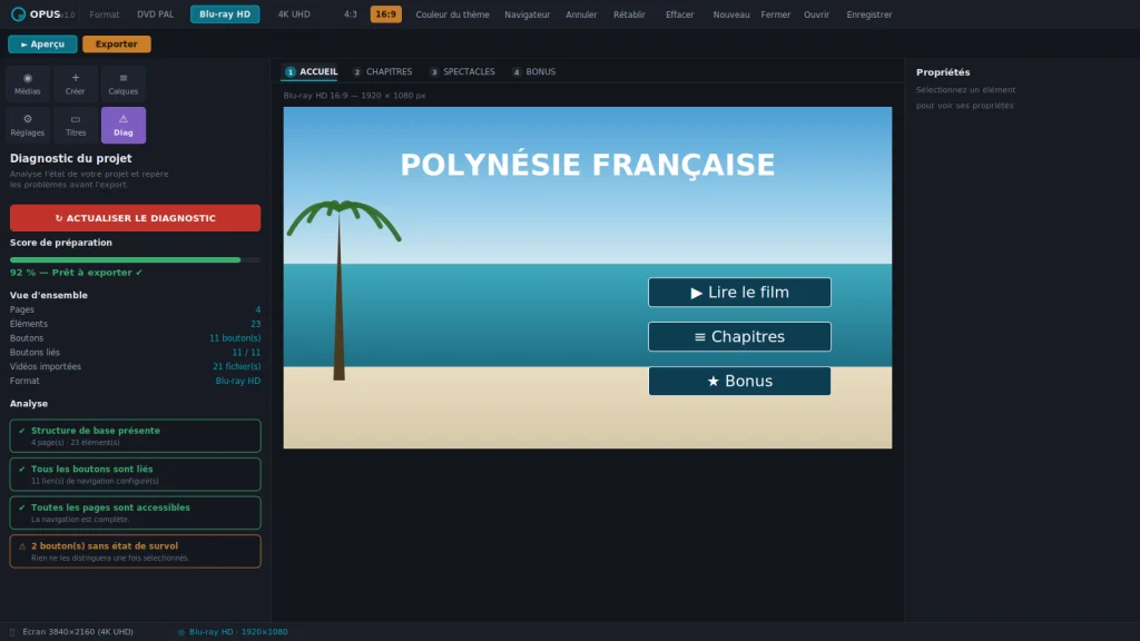Diagnostic de projet dans OPUS, avec le détail des alertes avant gravure